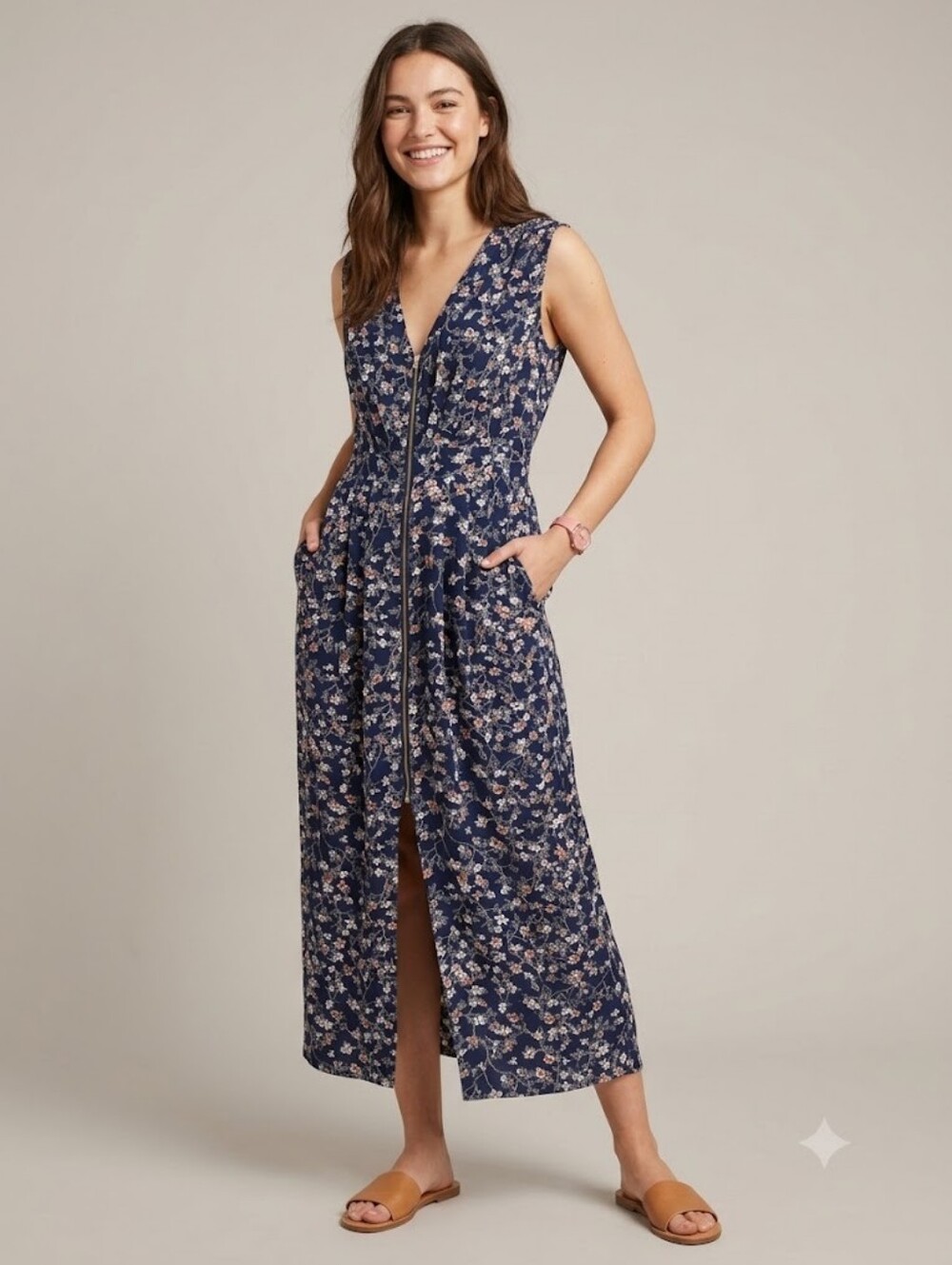 Wildfire Navy Floral Front Zip Slit Maxi Dress Cottagecore Whimsigoth Fairycore